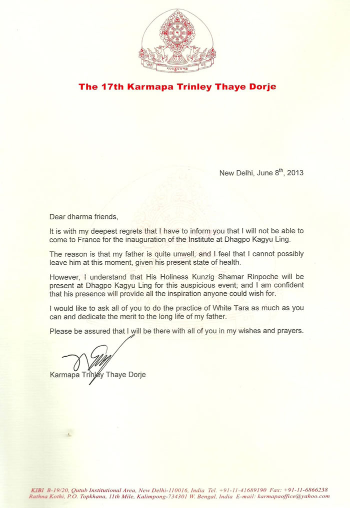 Letter about cancelation Gyalwa Karmapa visit in Europe
